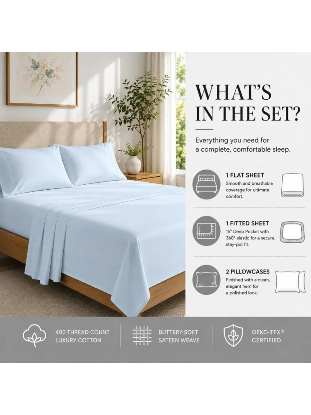 Luxurious 400 Thread Count Cotton King Sheet Set - Soft Light Blue Bedding